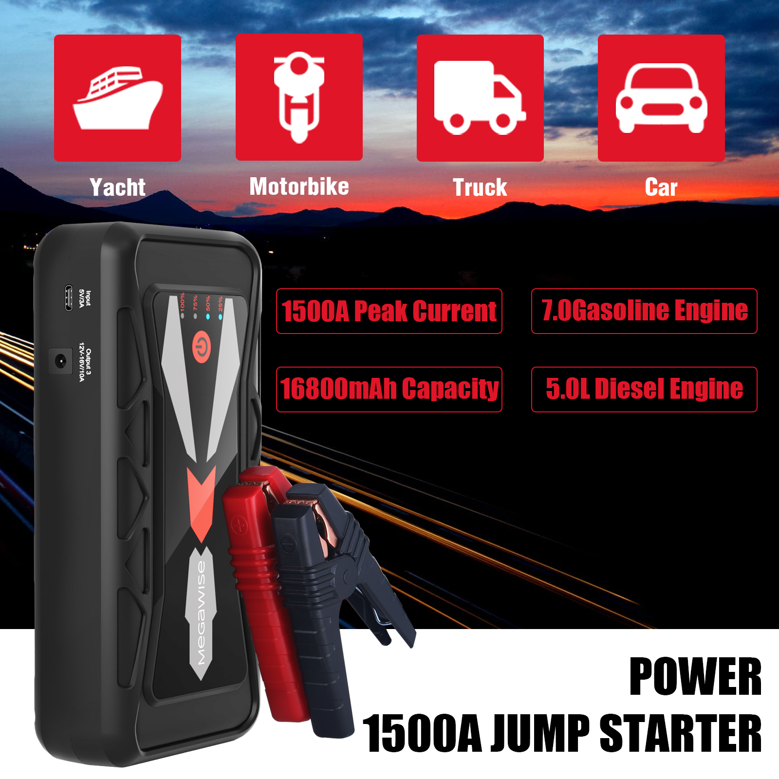 MEGAWISE 1500A Peak Car Jump Starter, 16800mAh Portable Battery Booster for Up to 7L Gas & 5L Diesel Engines, 12V Power Pack with Dual USB & LED Flashlight, 2023 Upgraded, Ultra-Safe Design