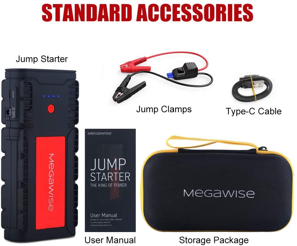MEGAWISE 2500A Peak 21800mAh Car Jump Starter, Portable Power Pack for Up to 8.0L Gas & 6.5L Diesel Engines, with LCD Display, Type-C Fast Charging & Multi-Mode LED Flashlight