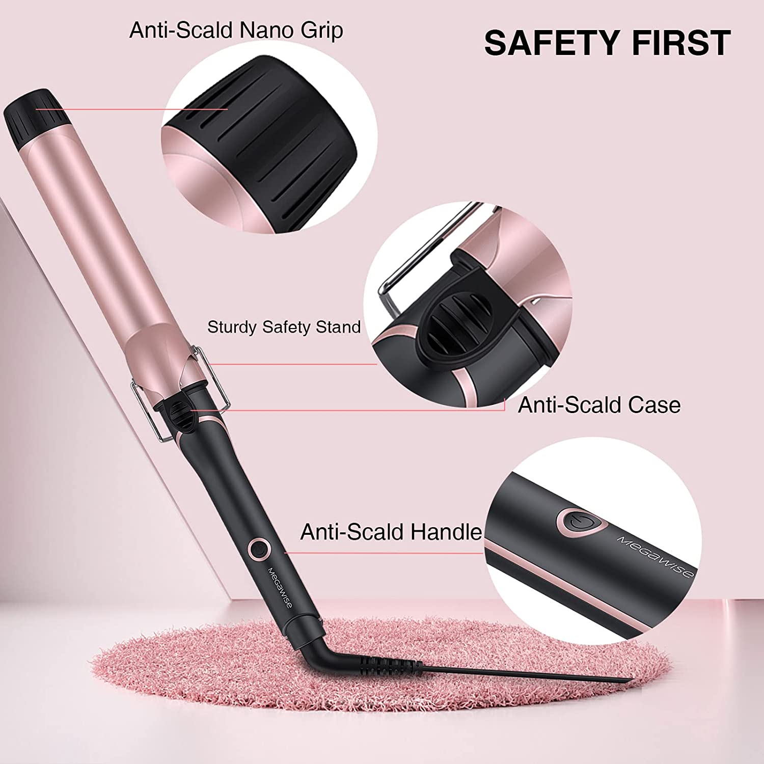 MegaWise Pro 1.5 inch Ceramic Hair Curling Iron, 20s PTC Fast Heating Tech, Anti-Scald Insulated Grip &Tip, Auto Shut Off and 360° Swivel Cord, 2 Clips and Heat-Resistant Glove Included