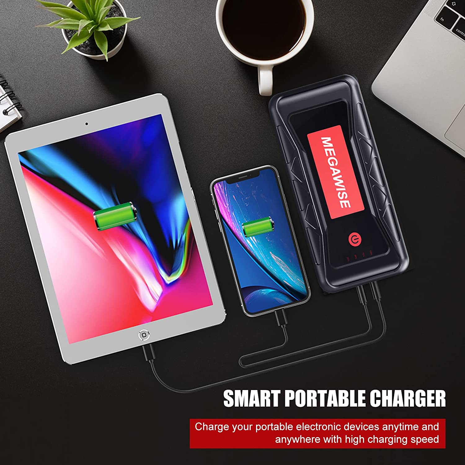 MEGAWISE 2500A Peak 21800mAh Car Jump Starter, Portable Power Pack for Up to 8.0L Gas & 6.5L Diesel Engines, with LCD Display, Type-C Fast Charging & Multi-Mode LED Flashlight