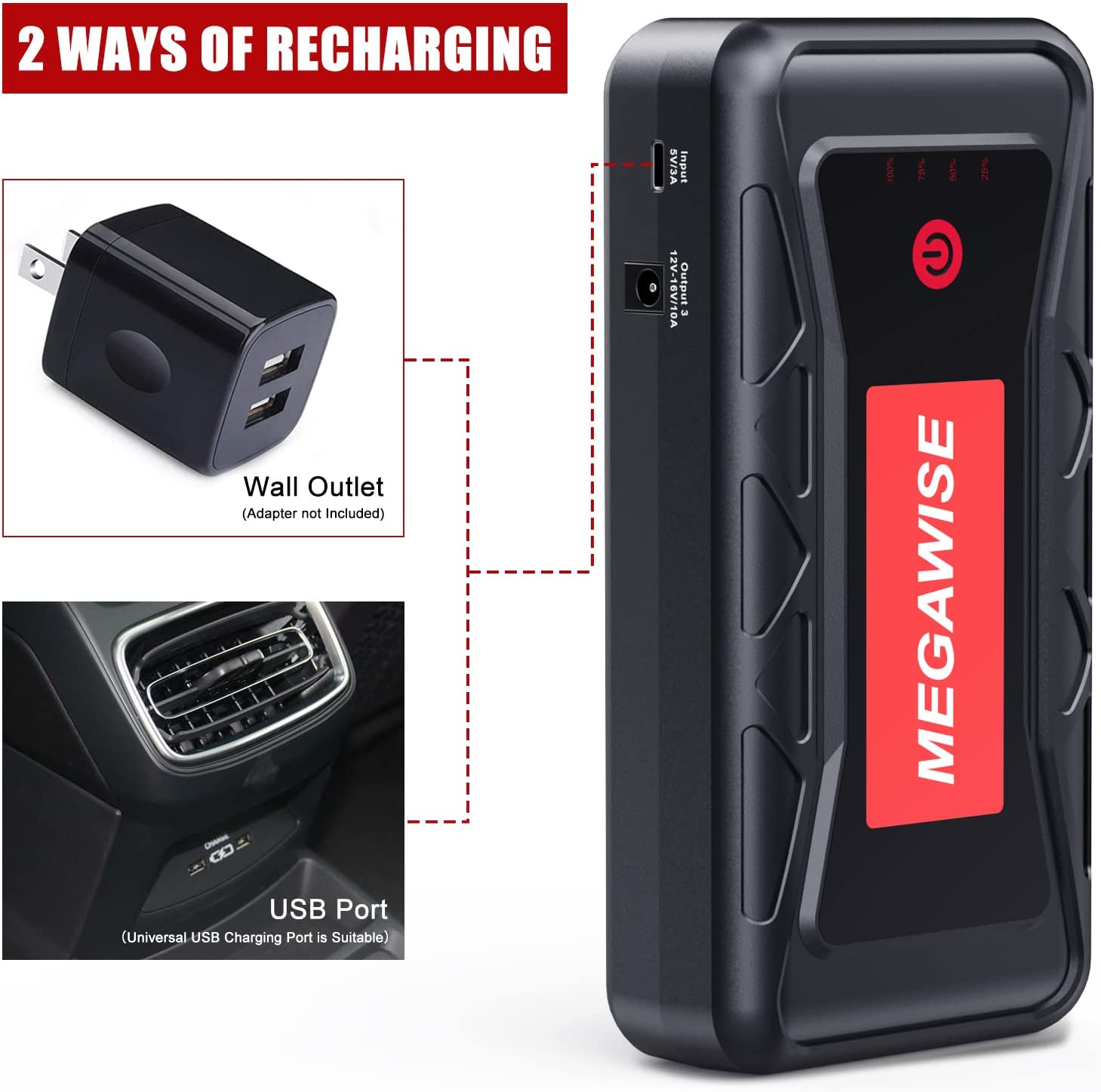 MEGAWISE 2500A Peak 21800mAh Car Jump Starter, Portable Power Pack for Up to 8.0L Gas & 6.5L Diesel Engines, with LCD Display, Type-C Fast Charging & Multi-Mode LED Flashlight