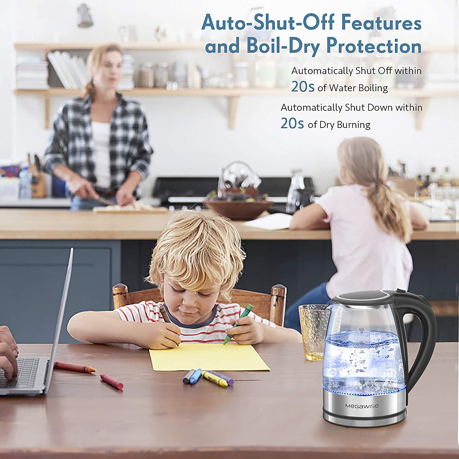 MEGAWISE 1.8L Electric Glass Kettle, 1000W Fast Boiling BPA-Free Kettle with Auto Shut-Off & Boil-Dry Protection, Borosilicate Glass & Food-Grade Stainless Steel