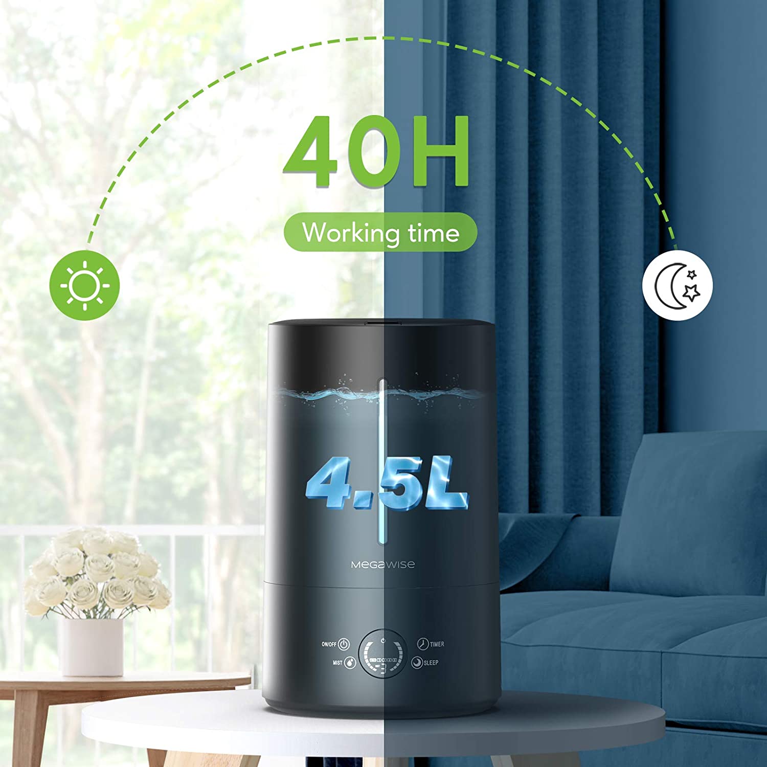 MegaWise Vortex Top-fill Design humidifier, Touch Screen with Backlit display, 1.18 gal ultra-fine mist humidifiers with Auto Shut-off, Adjustable Mist Output