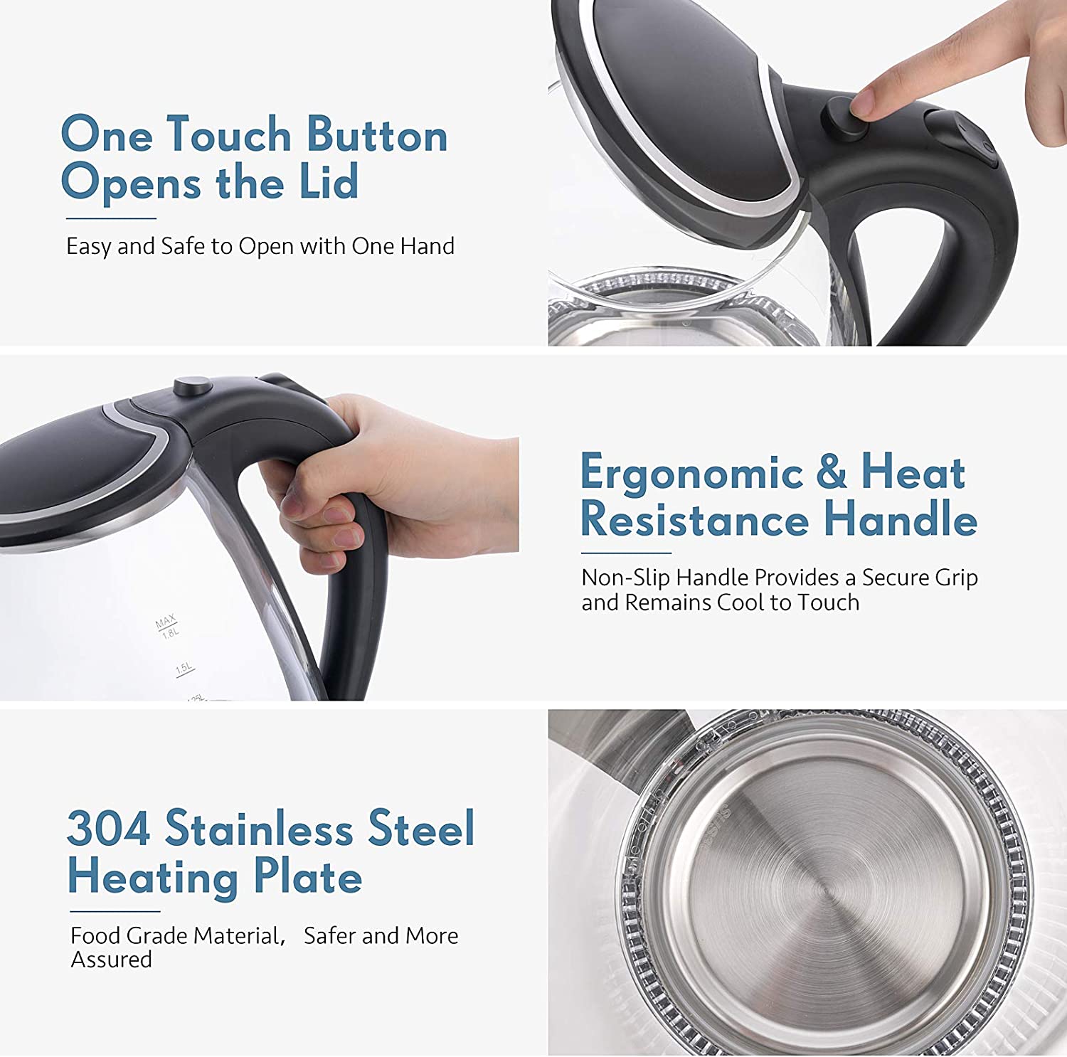 MEGAWISE 1.8L Electric Glass Kettle, 1000W Fast Boiling BPA-Free Kettle with Auto Shut-Off & Boil-Dry Protection, Borosilicate Glass & Food-Grade Stainless Steel