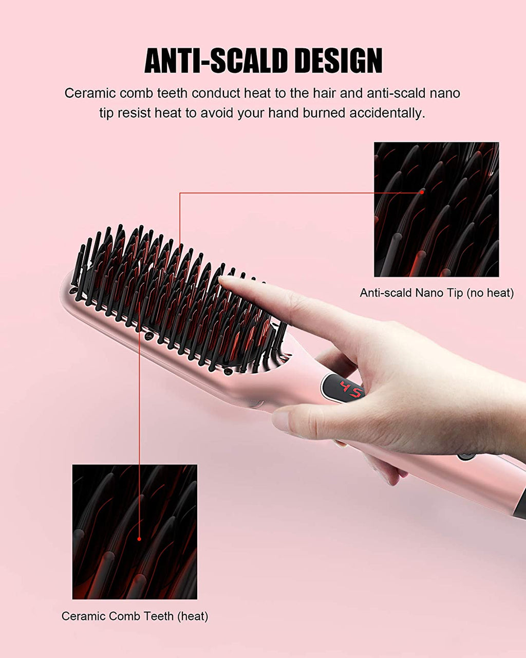 MeGaWise Enhanced Ionic Hair Straightener Brush with Universal Dual Voltage, Anti-Scald Straightening Comb