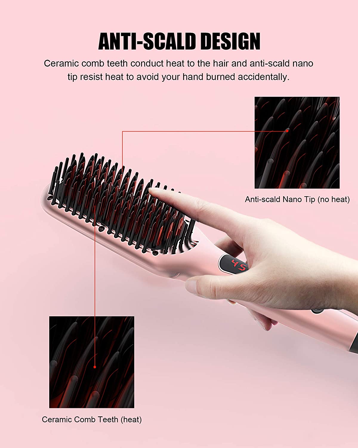 MeGaWise Enhanced Ionic Hair Straightener Brush with Universal Dual Voltage, Anti-Scald Straightening Comb
