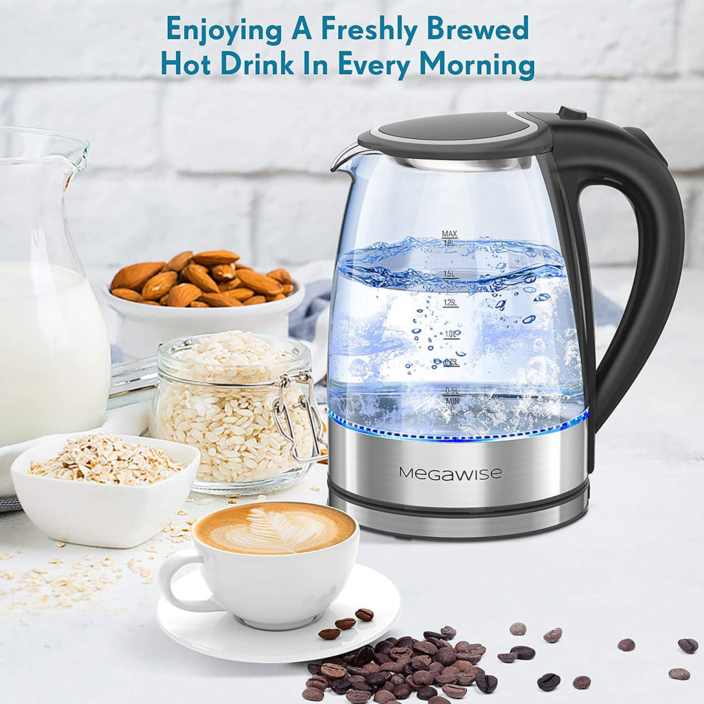 MEGAWISE 1.8L Electric Glass Kettle, 1000W Fast Boiling BPA-Free Kettle with Auto Shut-Off & Boil-Dry Protection, Borosilicate Glass & Food-Grade Stainless Steel