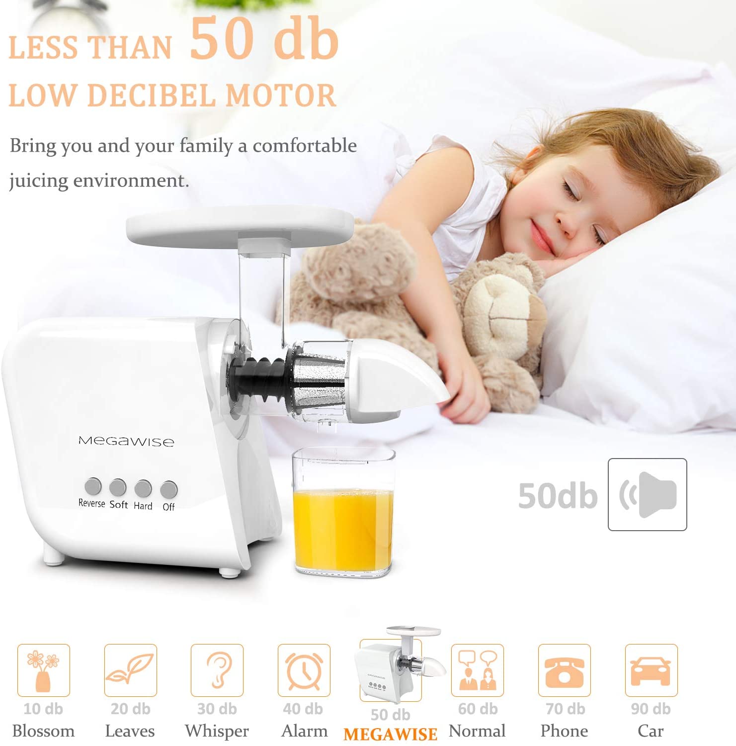 MEGAWISE Slow Masticating Juicer 9 Segment Spiral 2 Speed Modes 50dB Quiet Motor