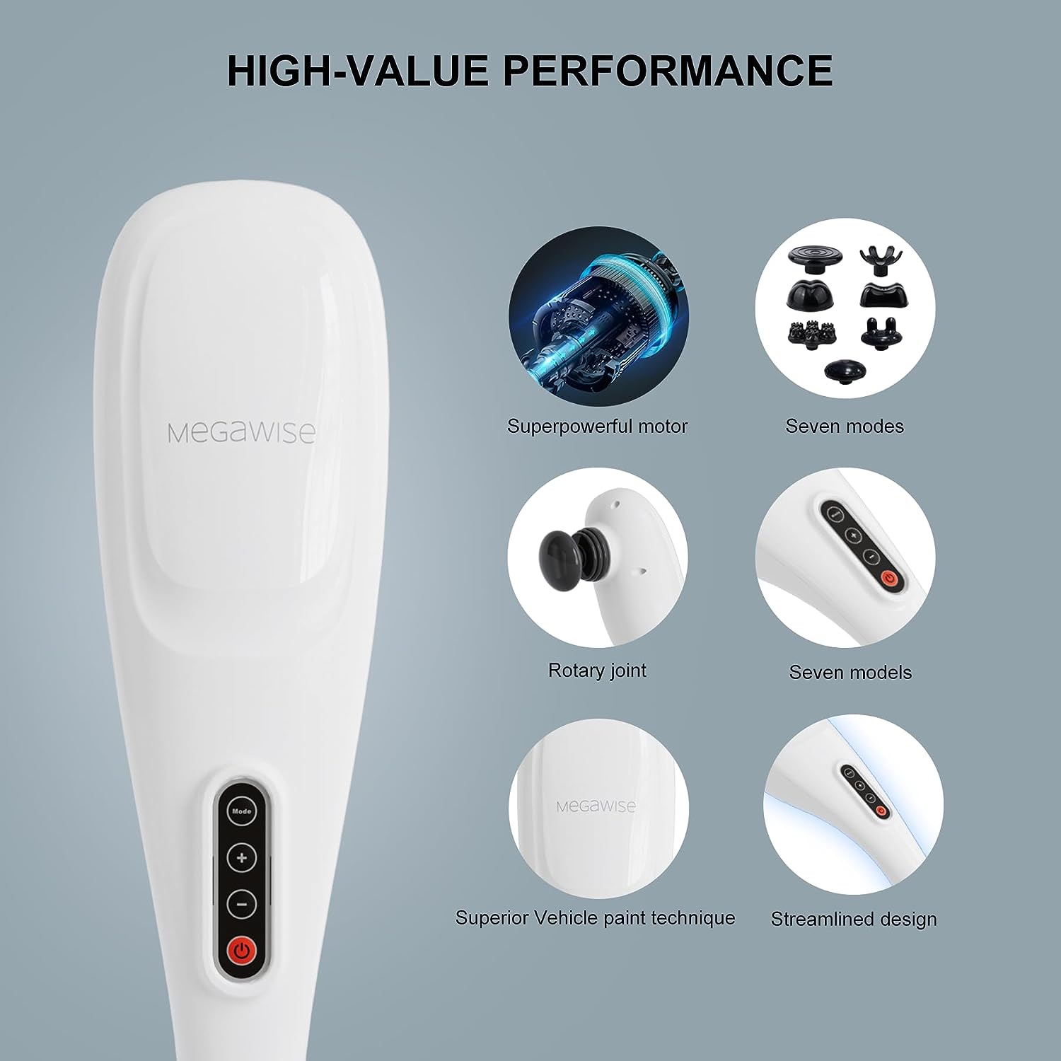 MEGAWISE Stylish Handheld Back Massager with Powerful Motor and 5 Different Nodes, Deep Tissue Massager, Relax Shoulders, Neck, Back, Muscle, Arms, Legs