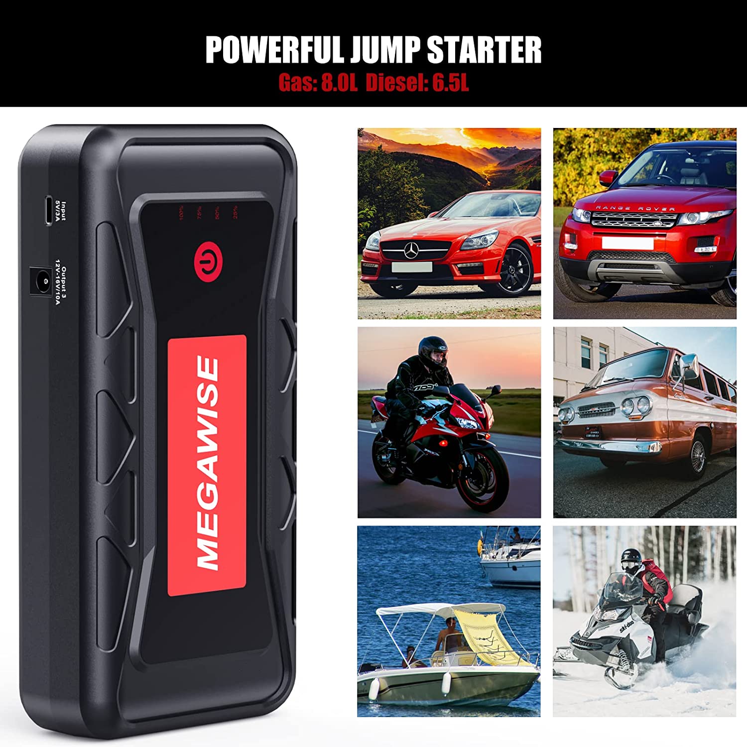 MEGAWISE 2500A Peak 21800mAh Car Jump Starter, Portable Power Pack for Up to 8.0L Gas & 6.5L Diesel Engines, with LCD Display, Type-C Fast Charging & Multi-Mode LED Flashlight