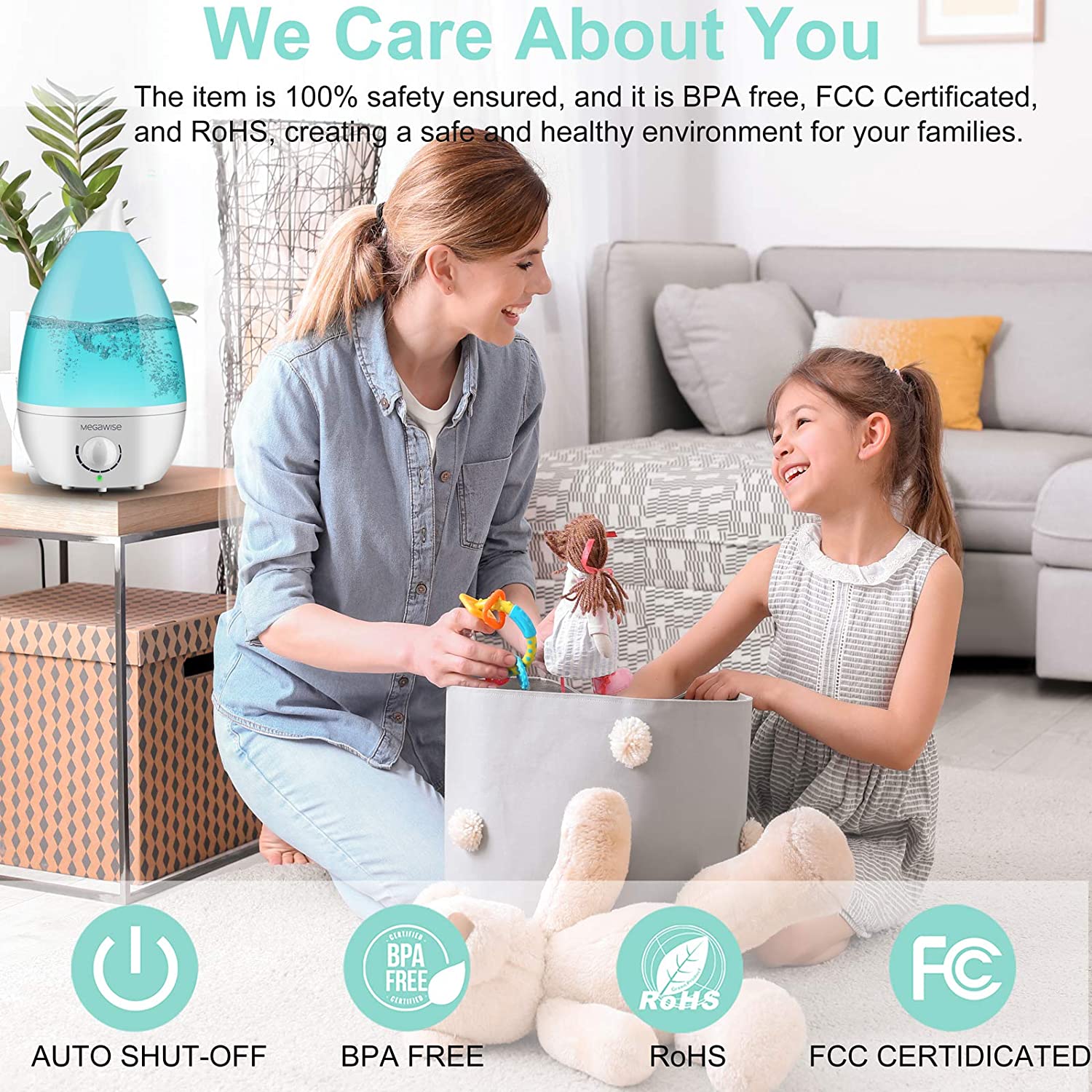 MEGAWISE 1.5L/0.53 Gal Cool Mist Humidifiers, Essential Oil Diffuser with Adjustable Mist Output, 25dB Quiet Ultrasonic