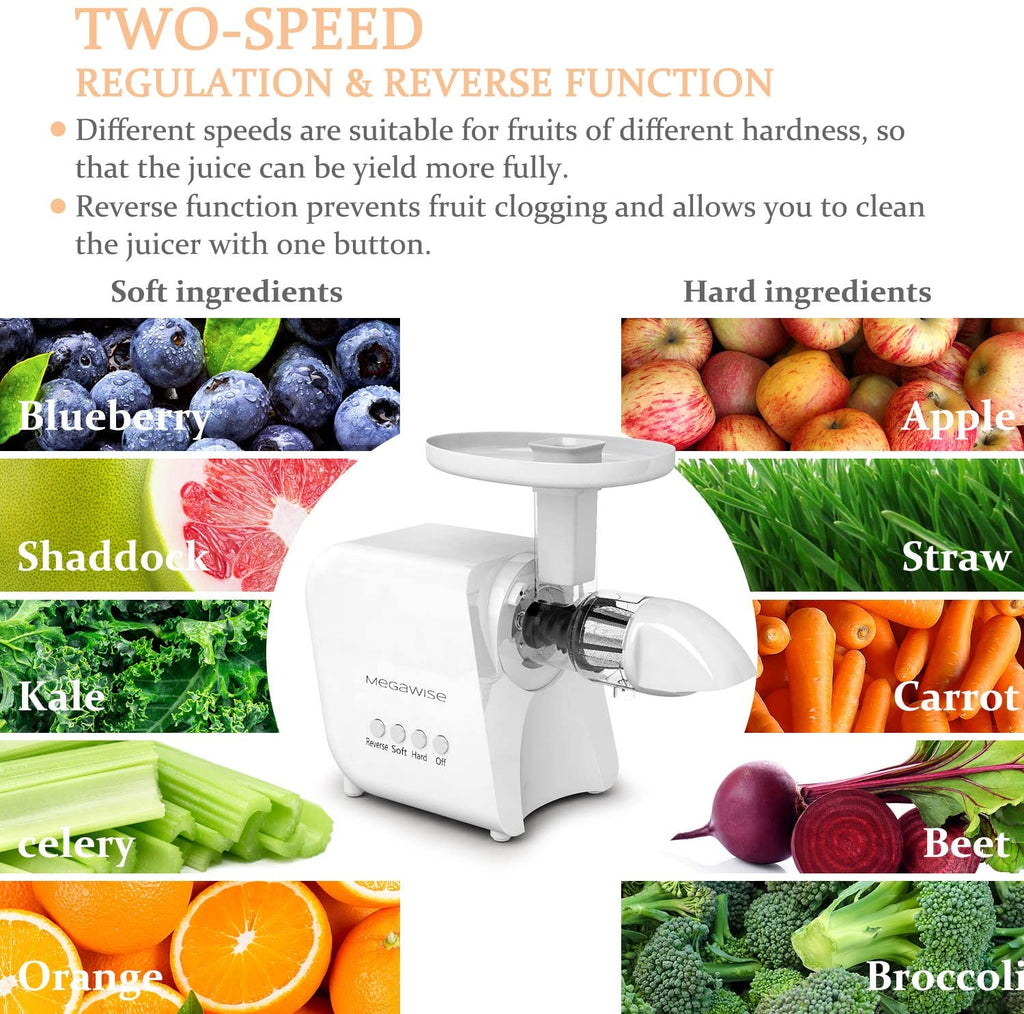MEGAWISE Slow Masticating Juicer 9 Segment Spiral 2 Speed Modes 50dB Quiet Motor