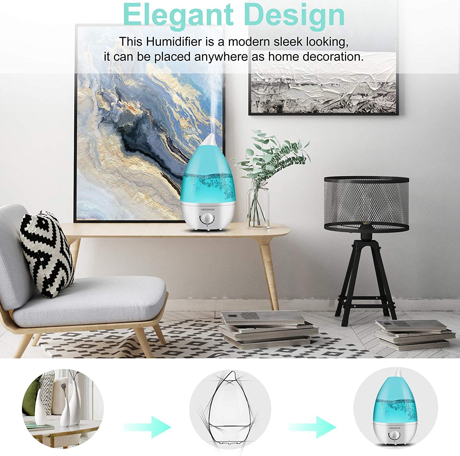 MEGAWISE 1.5L/0.53 Gal Cool Mist Humidifiers, Essential Oil Diffuser with Adjustable Mist Output, 25dB Quiet Ultrasonic