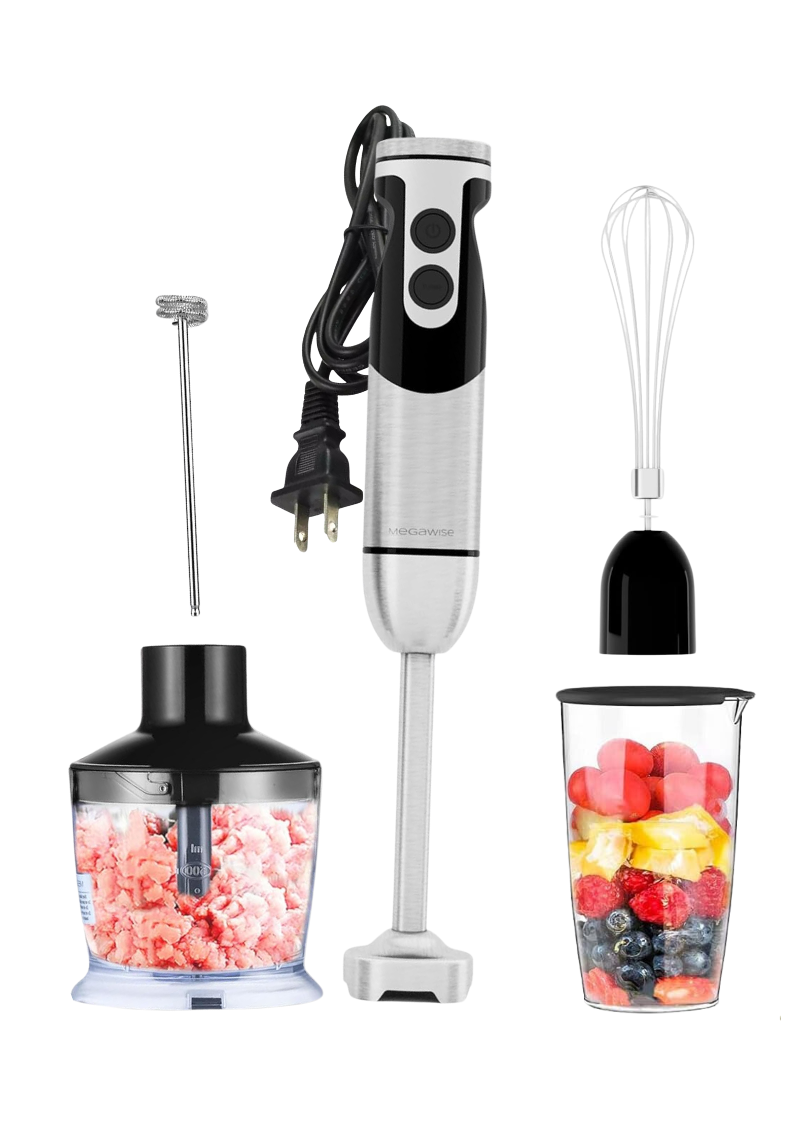 MEGAWISE Pro 5-in-1 Immersion Hand Blender, 400W Powerful Motor, 12 Speed Settings, 500ml Chopper, 600ml Beaker, Whisk & Milk Frother, Titanium-Reinforced Blades for Superior Blending