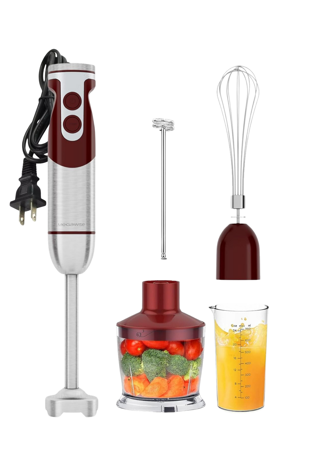 MEGAWISE Pro 5-in-1 Immersion Hand Blender, 400W Powerful Motor, 12 Speed Settings, 500ml Chopper, 600ml Beaker, Whisk & Milk Frother, Titanium-Reinforced Blades for Superior Blending