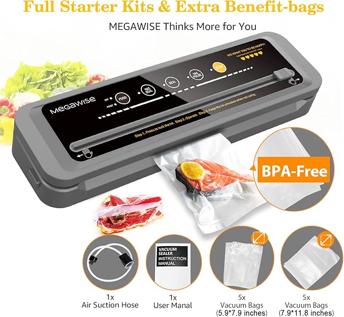 MEGAWISE 80kPa Vacuum Sealer, One-Touch Automatic Food Saver with Dry Moist Fresh Modes